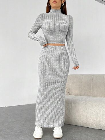Floerns Women's 2 Piece Outfit Solid Rib Knit Mock Neck Tee Shirt and Skirt Set in Saudi Arabia