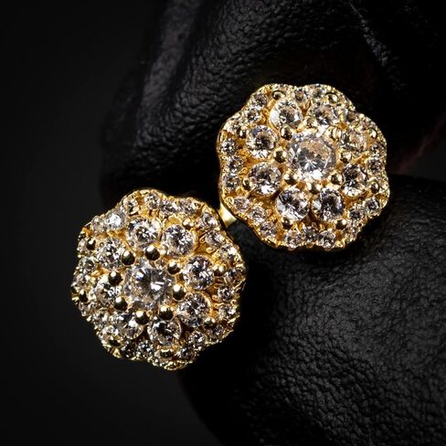 Yellow Gold Plated 925 Sterling Silver Flower Cluster Honey Comb Set Hip Hop Iced 5A Cz Lab Simulated Hypoallergenic Trendy Round Stud Screw Back Circle Earrings in Saudi Arabia