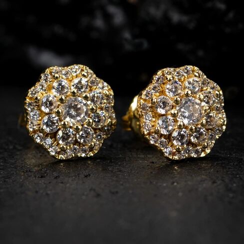 Yellow Gold Plated 925 Sterling Silver Flower Cluster Honey Comb Set Hip Hop Iced 5A Cz Lab Simulated Hypoallergenic Trendy Round Stud Screw Back Circle Earrings in Saudi Arabia