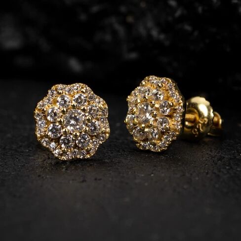 Yellow Gold Plated 925 Sterling Silver Flower Cluster Honey Comb Set Hip Hop Iced 5A Cz Lab Simulated Hypoallergenic Trendy Round Stud Screw Back Circle Earrings in Saudi Arabia
