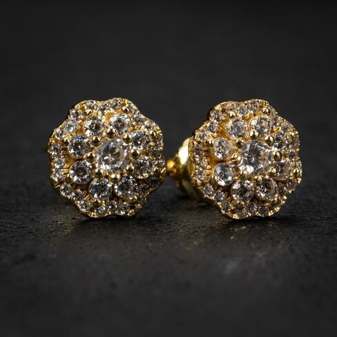 Yellow Gold Plated 925 Sterling Silver Flower Cluster Honey Comb Set Hip Hop Iced 5A Cz Lab Simulated Hypoallergenic Trendy Round Stud Screw Back Circle Earrings in Saudi Arabia