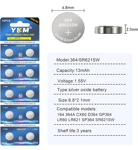 YKM SR621SW 364 Watch Batteries 10 Pack 1.55V Silver Oxide Button Cells in Kuwait
