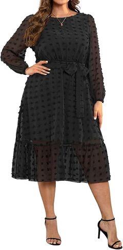 Holipick Women 2024 Spring Plus Size Swiss dot A-Line Long Sleeve Midi Dress Wedding Guest Elegant Flowy Dresses in Saudi Arabia