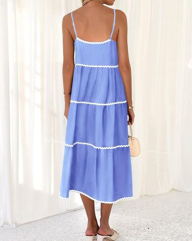 فساتين BTFBM Boho للصيف 2024 لقضاء العطلات بحزام سباغيتي بدون ظهر ريك راك مزين بطبقات على شكل حرف a طويل غير رسمي فستان الشمس المتأرجح in Kuwait