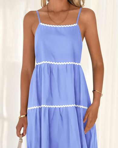 فساتين BTFBM Boho للصيف 2024 لقضاء العطلات بحزام سباغيتي بدون ظهر ريك راك مزين بطبقات على شكل حرف a طويل غير رسمي فستان الشمس المتأرجح in Kuwait