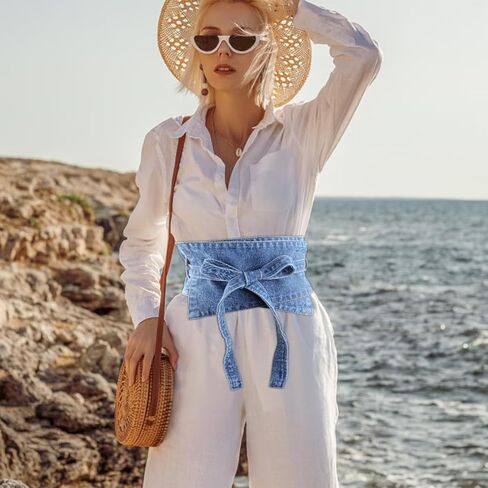 حزام دينيم للسيدات، حزام خصر عريض كاجوال عتيق، حزام مزخرف لتنورة قميص السيدات مع حزام ضيق، اكسسوار فستان نسائي، ازرق، M, أزرق in Kuwait