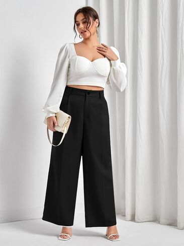MakeMeChic Women's Plus Size Casual High Waisted Zip Up Loose Trousers Wide Leg Work Office Dressy Pants in Saudi Arabia