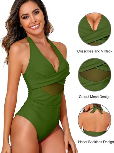 HEYTALALA Womens One Piece Swimsuits Halter Push Up Tummy Control Bathing Suit V Neck Cutout Mesh Modest Swimwear in Kuwait