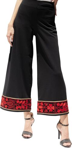 Palestine Traditional Women Folklore Palestinian Embroidered Wide Capri Pull On Pants with Embroidery Black in Saudi Arabia
