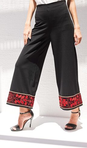 Palestine Traditional Women Folklore Palestinian Embroidered Wide Capri Pull On Pants with Embroidery Black in Saudi Arabia