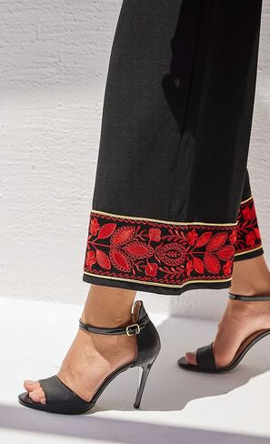 Palestine Traditional Women Folklore Palestinian Embroidered Wide Capri Pull On Pants with Embroidery Black in Saudi Arabia