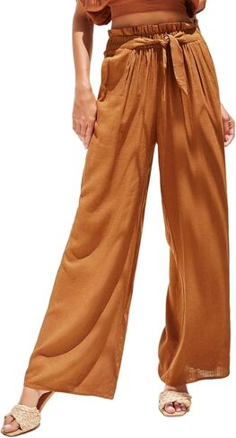 Dokotoo Casual Wide Leg Pants for Women Elastic High Waist Tie Solid Lounge Pants with Pockets in Saudi Arabia
