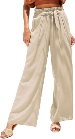Dokotoo Casual Wide Leg Pants for Women Elastic High Waist Tie Solid Lounge Pants with Pockets in Saudi Arabia