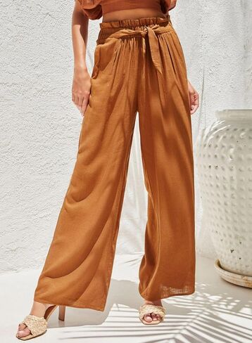 Dokotoo Casual Wide Leg Pants for Women Elastic High Waist Tie Solid Lounge Pants with Pockets in Saudi Arabia