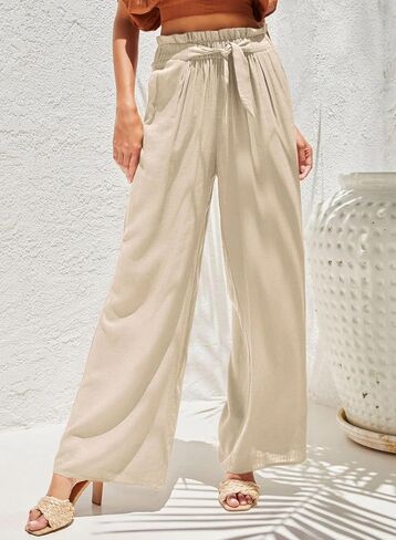Dokotoo Casual Wide Leg Pants for Women Elastic High Waist Tie Solid Lounge Pants with Pockets in Saudi Arabia