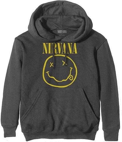 Nirvana Men's Yellow Smiley Hooded Sweatshirt Charcoal in Saudi Arabia