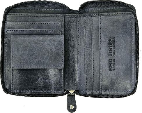 Mens Designer Full Zip Around Distressed Hunter Real Leather Billfold Wallet 720 Black in Saudi Arabia