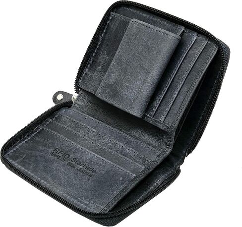 Mens Designer Full Zip Around Distressed Hunter Real Leather Billfold Wallet 720 Black in Saudi Arabia