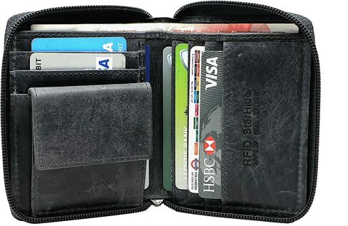 Mens Designer Full Zip Around Distressed Hunter Real Leather Billfold Wallet 720 Black in Saudi Arabia