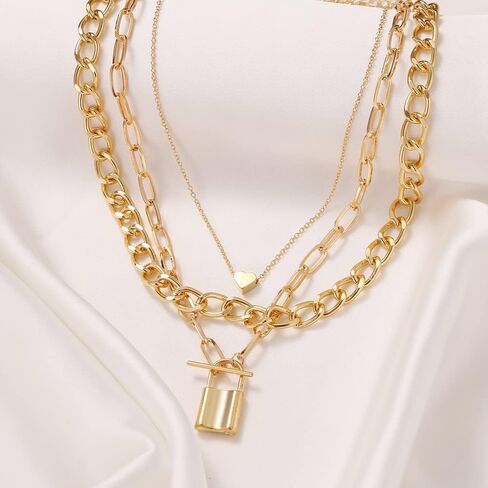 Xerling Boho Layered Necklaces for Women Gold Chunky Chain Choker Heart Lock Pendant Cuban Link Necklace in Saudi Arabia