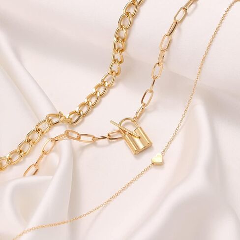 Xerling Boho Layered Necklaces for Women Gold Chunky Chain Choker Heart Lock Pendant Cuban Link Necklace in Saudi Arabia