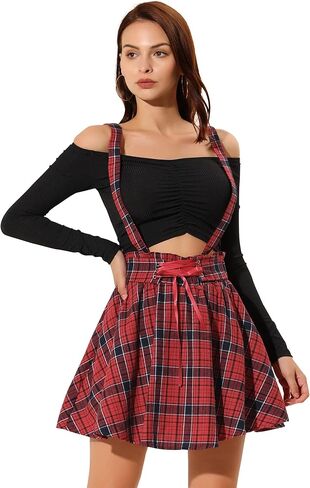 Allegra K Women's Halloween Tartan Skirt Gothic Plaid High Waist Detachable Suspender Skirts in Kuwait