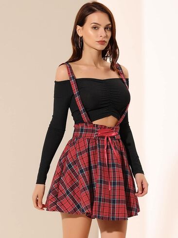 Allegra K Women's Halloween Tartan Skirt Gothic Plaid High Waist Detachable Suspender Skirts in Kuwait