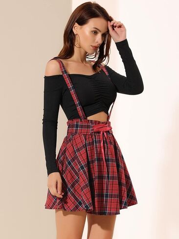 Allegra K Women's Halloween Tartan Skirt Gothic Plaid High Waist Detachable Suspender Skirts in Kuwait