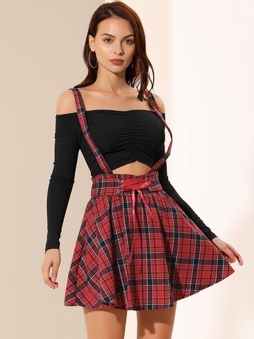 Allegra K Women's Halloween Tartan Skirt Gothic Plaid High Waist Detachable Suspender Skirts in Kuwait
