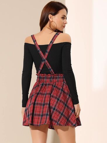 Allegra K Women's Halloween Tartan Skirt Gothic Plaid High Waist Detachable Suspender Skirts in Kuwait