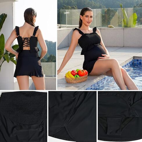 Maternity Swim Skirt Side Split Smocked High Waisted Maternity Bikini Bottom with Built-in Brief Pregnant Swimwear in Kuwait