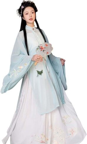 أزياء هانفو الصينية النسائية سلالة مينغ الوقوف طوق واسعة الأكمام Duijin Hanfu أعلى مطوي تنورة ارتداء اليومي in Saudi Arabia