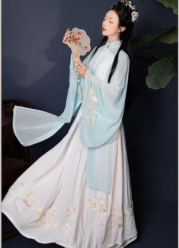 أزياء هانفو الصينية النسائية سلالة مينغ الوقوف طوق واسعة الأكمام Duijin Hanfu أعلى مطوي تنورة ارتداء اليومي in Saudi Arabia