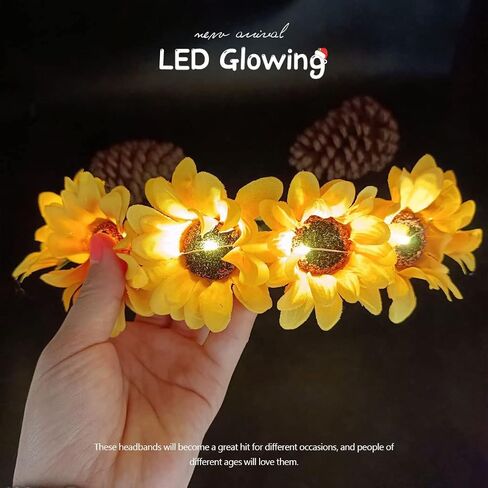 عصابة رأس على شكل زهرة LED من Werhonton تضيء إكسسوارات شعر عباد الشمس لمهرجانات النساء والفتيات (عبوة من 1) (أصفر) in Kuwait