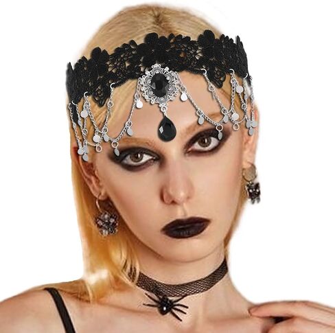 GORTIN Gothic Forehead Chain Lolita Black Lace Hair Band Sequins Vampire Headdress Head Chain Hallowee Rhinestones Headpiece Festival Costume Headband Hair Accessories for Women and Girls in Saudi Arabia