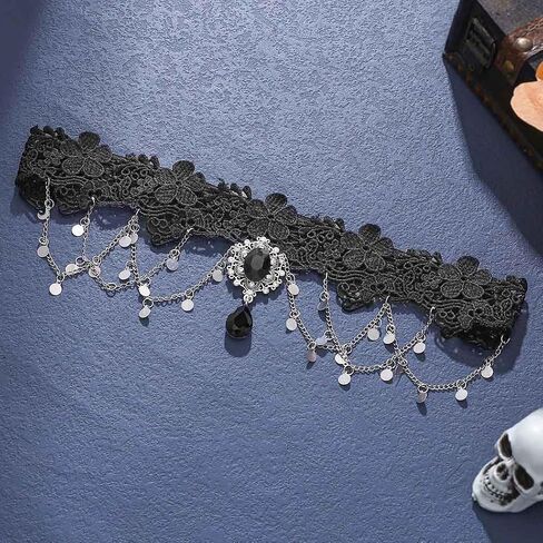 GORTIN Gothic Forehead Chain Lolita Black Lace Hair Band Sequins Vampire Headdress Head Chain Hallowee Rhinestones Headpiece Festival Costume Headband Hair Accessories for Women and Girls in Saudi Arabia