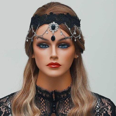 GORTIN Gothic Forehead Chain Lolita Black Lace Hair Band Sequins Vampire Headdress Head Chain Hallowee Rhinestones Headpiece Festival Costume Headband Hair Accessories for Women and Girls in Saudi Arabia