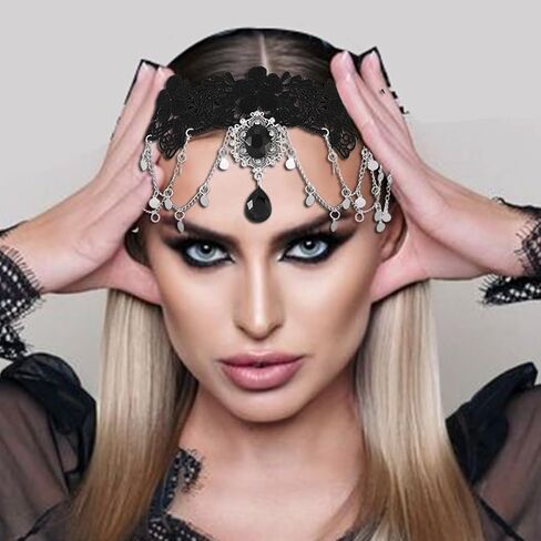 GORTIN Gothic Forehead Chain Lolita Black Lace Hair Band Sequins Vampire Headdress Head Chain Hallowee Rhinestones Headpiece Festival Costume Headband Hair Accessories for Women and Girls in Saudi Arabia