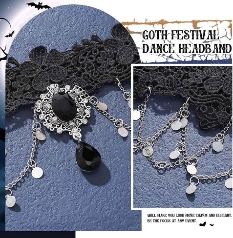GORTIN Gothic Forehead Chain Lolita Black Lace Hair Band Sequins Vampire Headdress Head Chain Hallowee Rhinestones Headpiece Festival Costume Headband Hair Accessories for Women and Girls in Saudi Arabia