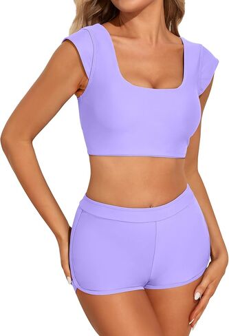 XUNYU مجموعة البكيني عالية الخصر للنساء ملابس السباحة التغطية الكاملة 2 قطعة ملابس السباحة مع السراويل تويست انقطاع Tankini in Kuwait