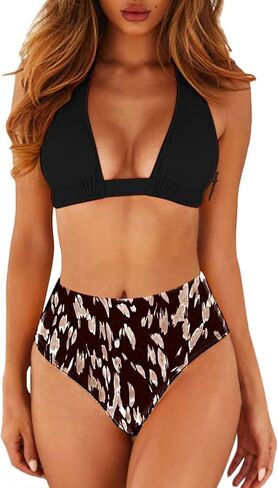 ملابس السباحة النسائية المثيرة ذات الخصر العالي 2 قطعة بيكيني هالتر مطبوع لباس السباحة in Kuwait