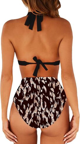 ملابس السباحة النسائية المثيرة ذات الخصر العالي 2 قطعة بيكيني هالتر مطبوع لباس السباحة in Kuwait