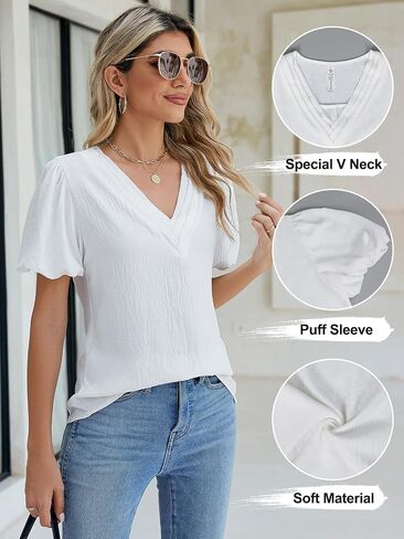 BMJL Womens White Blouse V Neck Puff Short Sleeve Cute Summer Trendy Tops Business Casual Work Outfits in Saudi Arabia