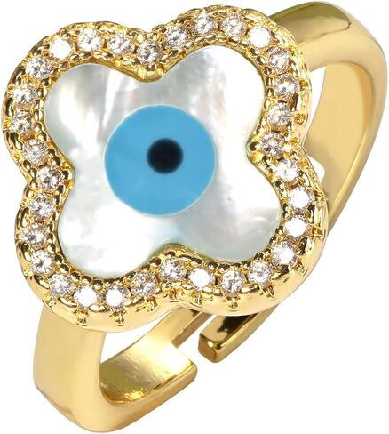 Anten Pink Evil Eye Rings for Women, Adjustable White Shell Clover Gold Rings, Protection and Good Luck Rings for Girls, Delicate Jewelry Gifts for Best Friend, Mother, Daughter, Suitable for Size in Kuwait