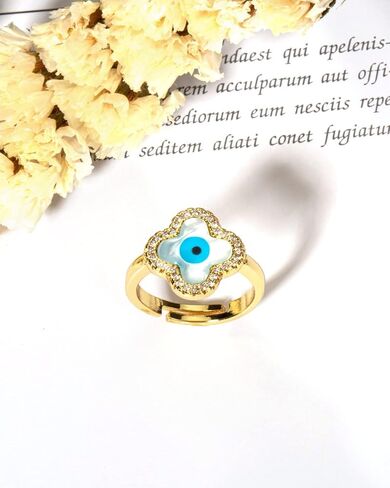 Anten Pink Evil Eye Rings for Women, Adjustable White Shell Clover Gold Rings, Protection and Good Luck Rings for Girls, Delicate Jewelry Gifts for Best Friend, Mother, Daughter, Suitable for Size in Kuwait