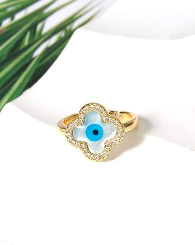 Anten Pink Evil Eye Rings for Women, Adjustable White Shell Clover Gold Rings, Protection and Good Luck Rings for Girls, Delicate Jewelry Gifts for Best Friend, Mother, Daughter, Suitable for Size in Kuwait