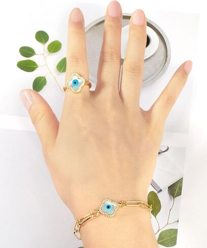 Anten Pink Evil Eye Rings for Women, Adjustable White Shell Clover Gold Rings, Protection and Good Luck Rings for Girls, Delicate Jewelry Gifts for Best Friend, Mother, Daughter, Suitable for Size in Kuwait