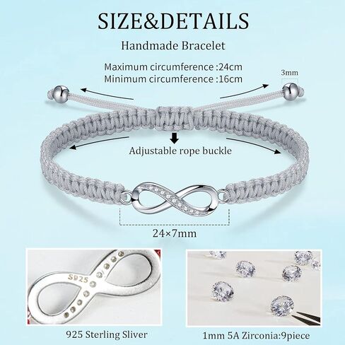 سوار J.Endéar Infinity للنساء والفتيات، أنيق من الفضة الإسترلينية عيار 925 مصنوع يدويًا بحبل مضفر قابل للتعديل سوار إنفينيتي الحب والصداقة هدية عيد ميلاد in Kuwait