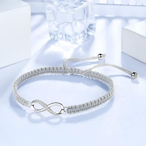 سوار J.Endéar Infinity للنساء والفتيات، أنيق من الفضة الإسترلينية عيار 925 مصنوع يدويًا بحبل مضفر قابل للتعديل سوار إنفينيتي الحب والصداقة هدية عيد ميلاد in Kuwait