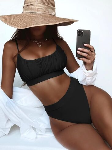 Lilosy Cute Ruched High Waisted Tummy Control Bikini Ribbed Sporty Brazilian Swimsuit Set Women Highwaisted Cheeky Cut Leg Bottom Crop Top 2 Piece Bathing Suit Black Small in Saudi Arabia